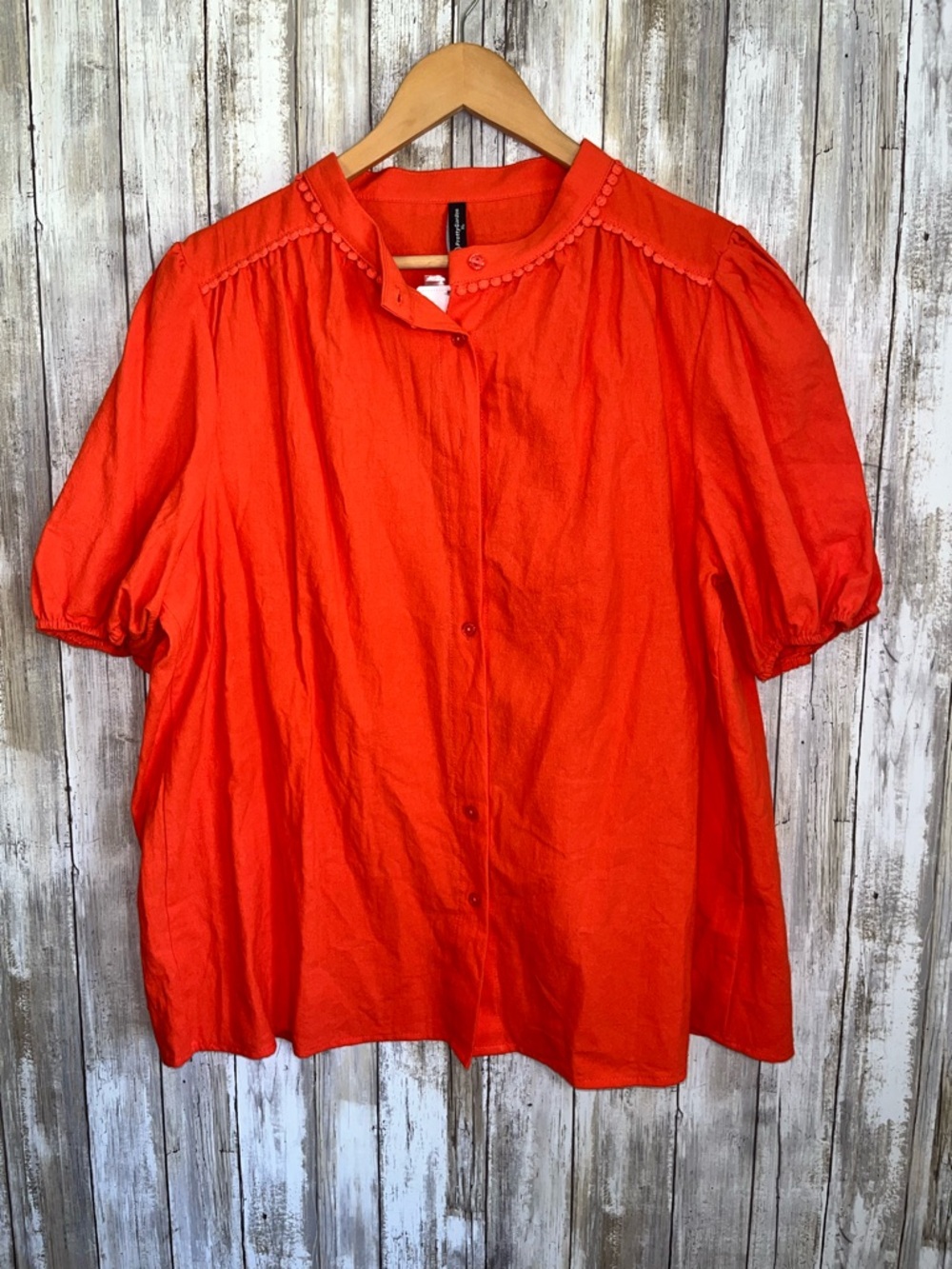 PrettyGarden Orange Cotton Blouse XL Puff Sleeve Button Front Boho Top - Picture 2 of 5